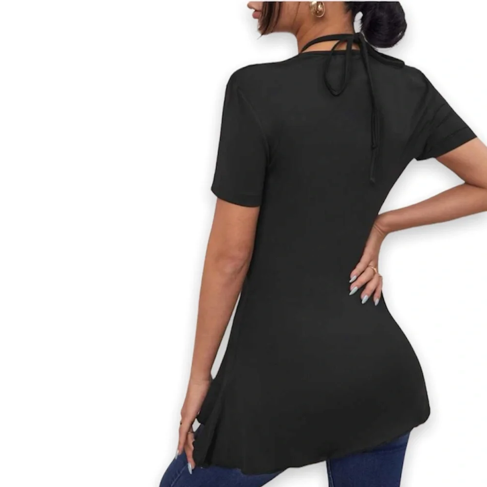New Sexy Black Plain Asymmetrical Hem Tie Back Halter Short Sleeve Top - Picture 10 of 13